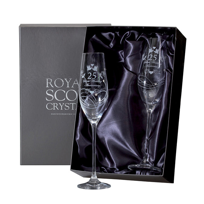 Royal Scot Crystal Diamonte Champagne Flutes Set of 2 Silver Wedding