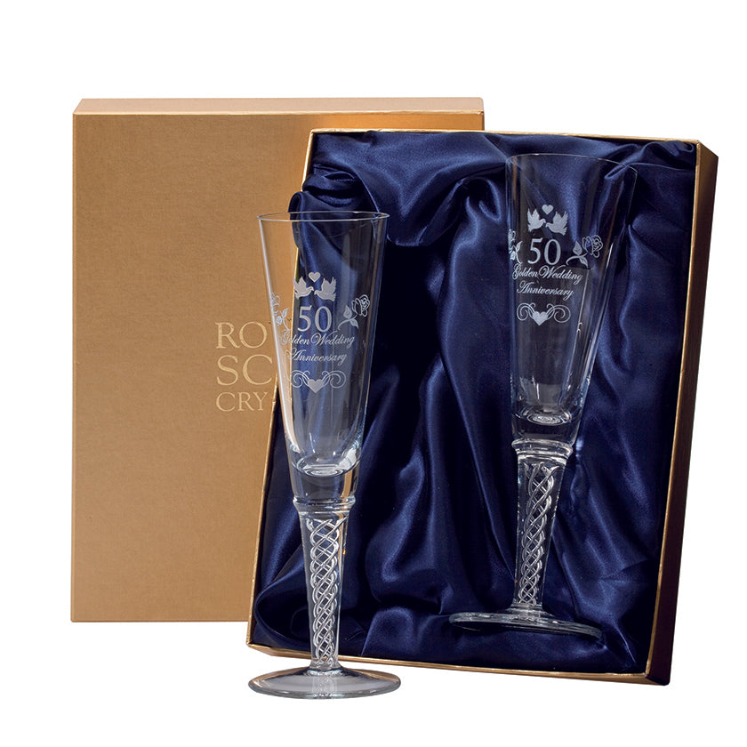 Royal Scot Crystal Air Twist Champagne Flutes Set of 2 Golden Wedding
