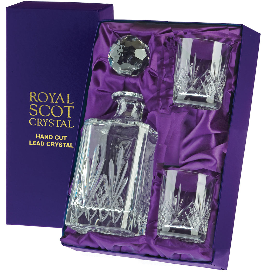 Royal Scot Crystal Whisky set: 1 x Sq Spirit Decanter & 2 x Small Tumblers